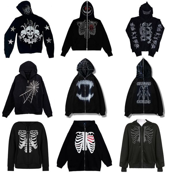 Style chaud Strass Spider Web Skeleton Print Noir Y2k Goth Manches longues Full Zip Hoodies Veste surdimensionnée Vente de mode américaine