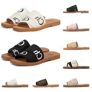 Hot Summer designer Woody sandales pour femmes Mules diapositives plates Light tan beige blanc noir rose dentelle Lettrage Tissu toile pantoufles femmes chaussures de plein air d'été