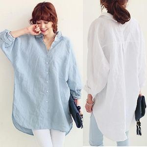 Hot Summer Corea Moda Tallas grandes Camisas de protección solar Mujeres embarazadas Algodón Lino Tops sueltos Camisa de manga larga Camisa de maternidad C3258