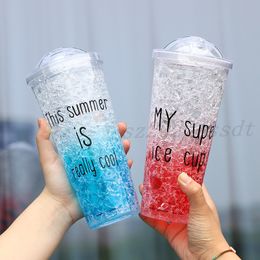 Taza de hielo rota de paja de verano caliente, letras de personalidad, taza de plástico, color degradado creativo, taza de regalo con tapa transparente