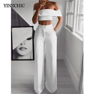 Hot Summer Femme Deux pièces Set Solide Couleur Dames Mode Costumes Travail Haut Court Pantalon Lâche Ensembles pour Femme Casual LJ201117