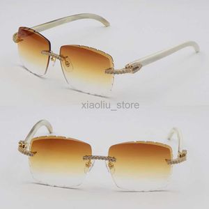 Gafas de sol calientes Moissanite Diamond Set Rimless Womans Carat Gafas de sol Rayas blancas originales Cuerno natural genuino Hombres Mujeres Gafas de sol de lujo Nueva lente 240308