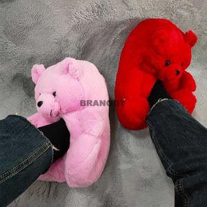 Hete teddybeer pluche slippers cartoon schattig beer huis slipper winter warme harige faux bontglaasjes vrouw harige flip flop schoenen y0902