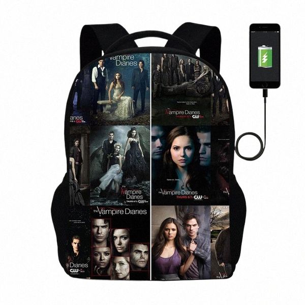 chaud The Vampire Diaries Sac à dos pour garçons filles adolescents sacs d'école enfants étudiants sac à dos hommes femmes USB charge sacs de voyage v34t #