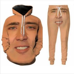 Hot Tweedelige Set Mannen Dames Casual Trainingspakken 3D Printing Het Giant Opgeblazen gezicht van Nicolas Cage Fashion Hoodies Hooded + Broek Sweatshirt