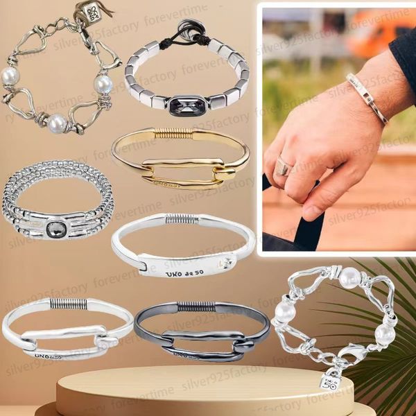 CALIENTE UNOde50 Pulseras de diseño con dijes de cristal gris para mujer Cadena cubana Pareja Pulsera de hombres de múltiples capas Pulsera de cuero Brazaletes Regalo de joyería de moda