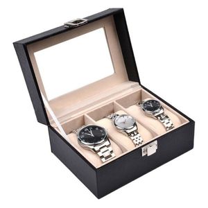 Boîte de montre chaude 2 3 grilles noire en cuir pu boîte bijoux de monté