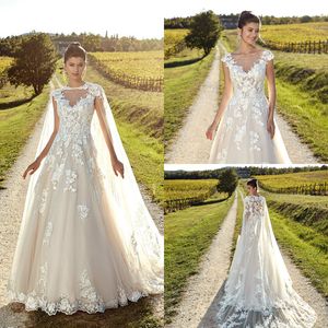 Grote maten A-lijn Trouwjurken Eddy K Sheer Neck Lace Applique Ruglooze Tule Bruidsjurk Gewaad Strand Trouwjurk Met Wrap Vestidos De Novia