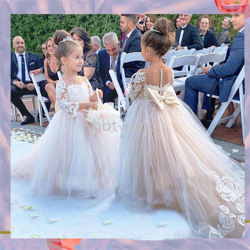 Hot-wiatr Moda 2022 Koronki Kwiat Girl Sukienka Bows First Communion Dress Princess Tulle Suknia Ball Wedding Party Dress 2-14 lata DHL Szybko