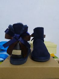 Botas de nieve para bebé Grils para mujer, botines con lazo de cuero genuino divididos en vaca, zapatos de flores azul marino, color negro tostado y rosa