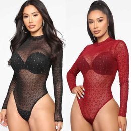 Hot Women Bodysuit Sexy Long Sheeve See Through Plaidone Piece Rompers Club Top Y0927