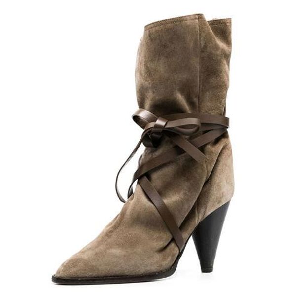 Femmes chaudes mode gris marron daim talons pointus croisés mi-mollet bottes femme sans lacet Tube à lacets talon haut chaussons courts