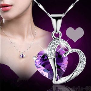 Hot femmes mode coeur cristal strass argent chaîne pendentif collier bijoux 10 couleur longueur 17,7 