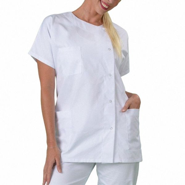 Mujeres calientes Hombres Tops médicos Dr Hospital Lab Coat Ropa de trabajo Uniforme Camiseta de manga corta Unisex Enfermera Doctor Traje Traje w3cB #