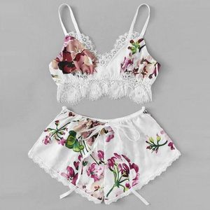 Sous-vêtements Sexy pour femmes, Lingerie Corset en dentelle, sans manches, col en v, gilet à lacets, ensemble deux pièces, pyjama imprimé, tendance