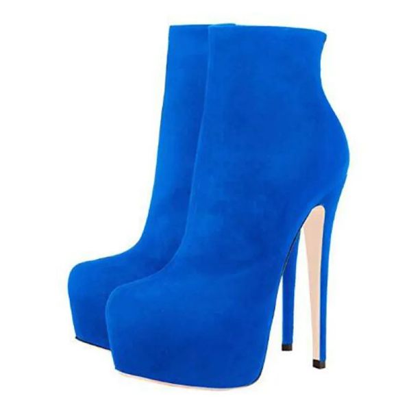 Femmes chaudes bleu ciel rouge bordeaux solide daim bout rond plate-forme fermeture éclair côté Super mince talons bottines dame fête bottines courtes