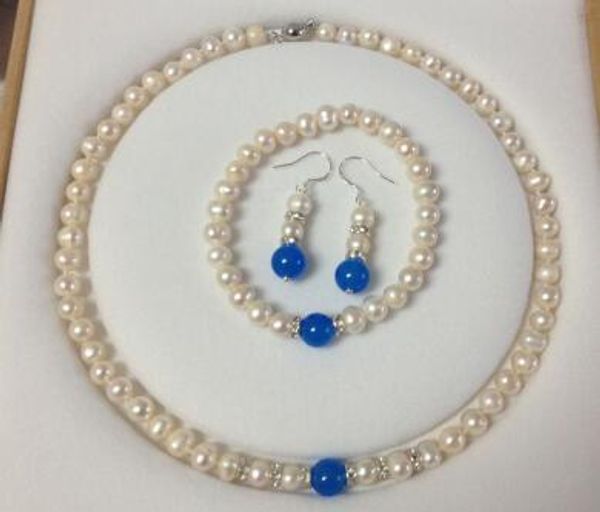 Livraison gratuite Hot7-8mm blanc perle de culture Akoya bleu saphir collier Bracelet boucles d'oreilles ensemble