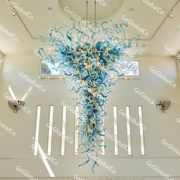 Lámpara colgante de la villa del vestíbulo del hotel Lámpara de cristal de Murano soplada a mano grande para decoración de techo alto Color champán azul verde 60 pulgadas