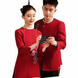 Serveur d'hôtel Lg manches rouge Lg chemise + pantalon noir ensemble restauration chinoise Hotpot logo personnalisé vêtements de travail en gros uniforme Q8gr #