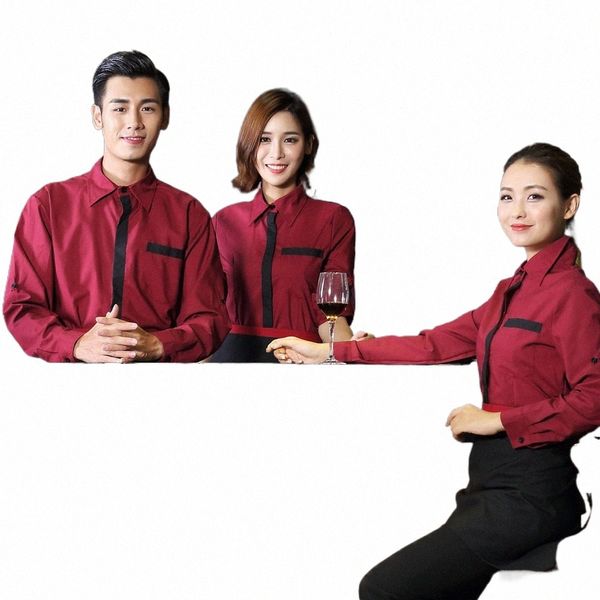 Hôtel serveur de travail Vêtements hommes et femmes lg Print à manches ajustées / broder bricolage Logo uniforme Bar Waitr Shirt + APR Set U9W6 #