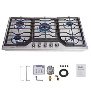 Hothit 5 brûleurs table de cuisson à gaz 34 pouces, dessus de cuisinière à gaz en acier inoxydable 36000 BTU, cuisinière à gaz convertible au gaz propane/gaz naturel