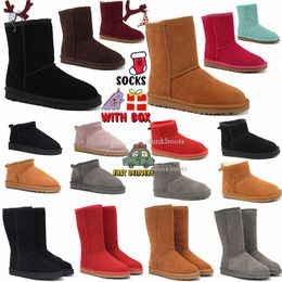 Hots-Selling Australia Botas de nieve para mujer Botas cálidas Mini Half USA GS 585401 Botines de invierno de piel completa Fluffy Furry Satén Botines Negro Rosa Rojo Púrpura Rosa