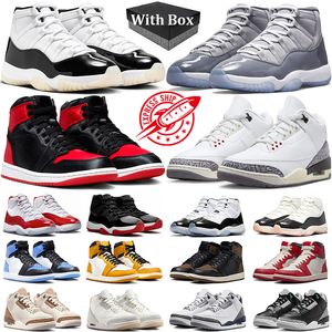 Avec boîte Jumpman 1 3 11 Chaussures de basket-ball Hommes Femmes 11S Gratitude Cool Grey Cherry 1S Noir Phantom Reverse Mocha Satin Bred 3s Blanc Ciment Hommes Baskets Baskets