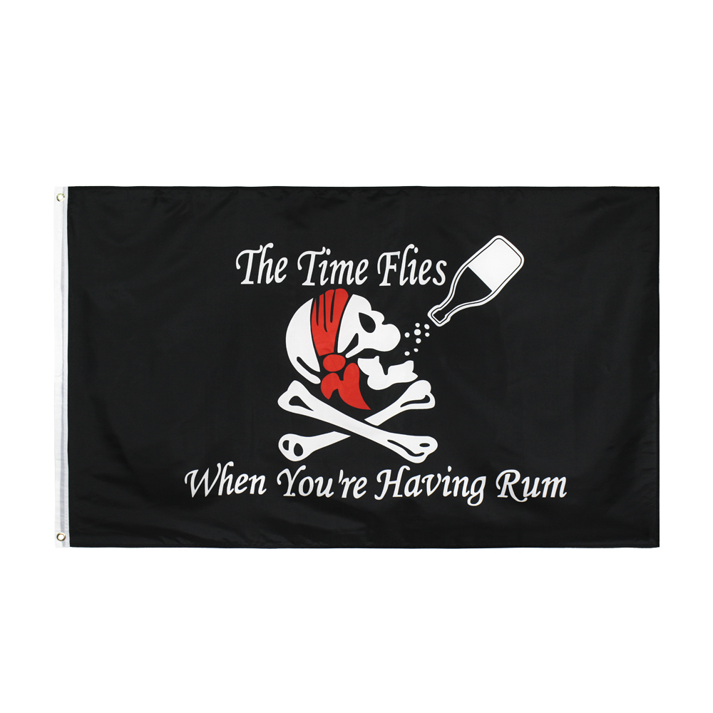 Hotsale 3x5 fts 90x150cm Direct Factory Stock SKULL JOLLY ROGER FLAG THE TIME FLIES WHEN YOUR HAVEING RUM PIRATE CROSSBONES
