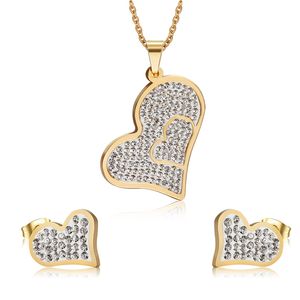 Hotsale Brand New Femmes Style Romantique Ensemble de Bijoux En Acier Inoxydable Or Coeur D'amour exquis zircon cristal Collier Pendentif Boucle D'oreille