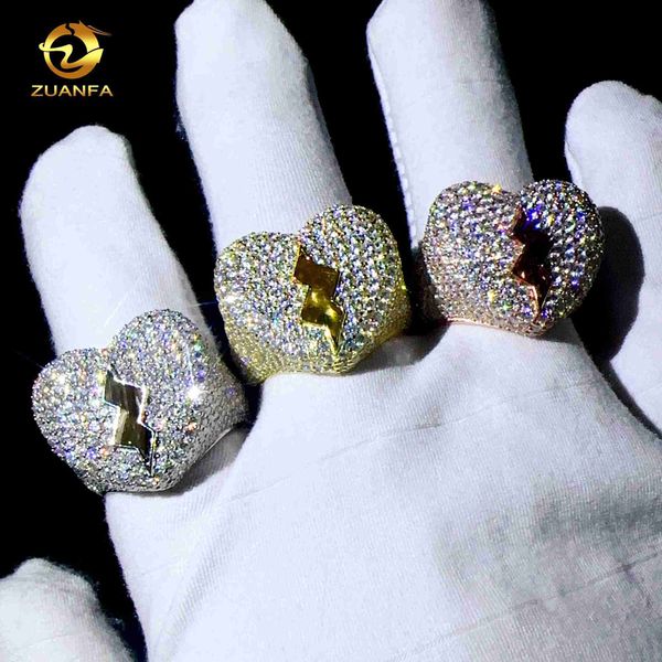 Hotsale Moissanite bijoux hip hop coeur brisé anneaux passer testeur de diamant positif glacé anneaux