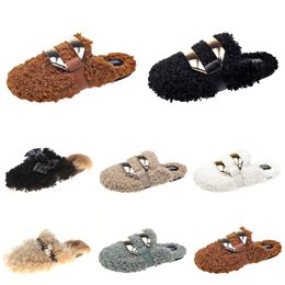 Hotsale Nieuw herfst Winter Winter Dames slippers metalen ketting All Inclusive Wool Slipper For Women Outer Black Gray Wear Plus Big Szie Muller Halve sleepschoenen