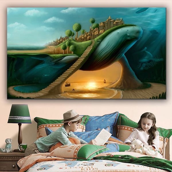 Baleine et château surréaliste abstrait imprimés sur toile, tableau d'art mural, salon, affiche de maison pour enfants, décor Cudros, offre spéciale