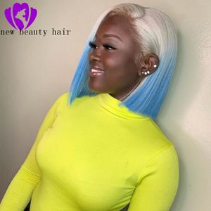 Hotselling Black Roots Ombre Blue Color Korte Bob Pruiken Braziliaanse Full Lace Front Pruik Synthetisch Warmte Resistant Haar voor Black Women