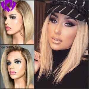 Hotselling Brown Wortels Ombre Blonde Kleur Korte Bob Pruiken Braziliaanse Full Lace Front Pruik Synthetisch Warmte Resistant Haar voor Witte Vrouwen