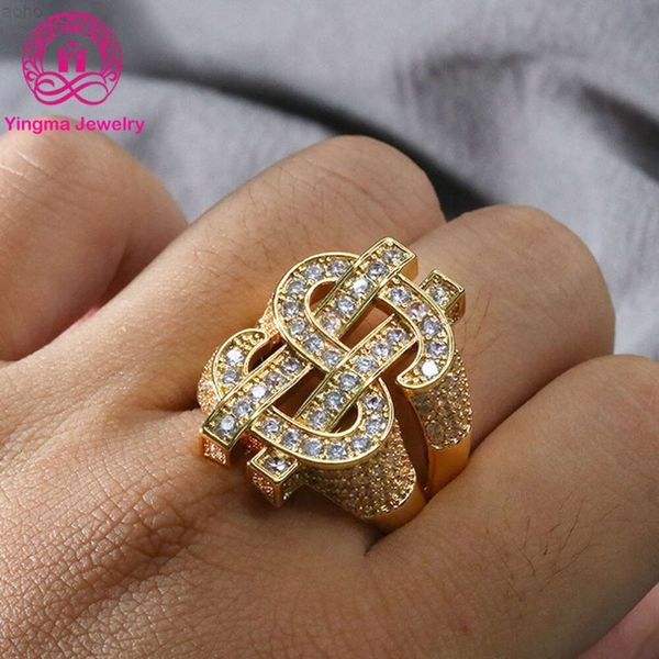 Anillos de moissanita de corte redondo para hombre, joyería con diseño de dólar, dinero personalizado, oro amarillo de 14k, corte redondo, Hip Hop, superventas