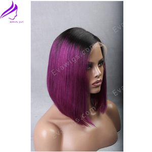 Hotselling korte bob rechte synthetische pruiken hittebestendige zwarte wortels ombre paars synthetische lace front pruiken voor zwarte vrouwen