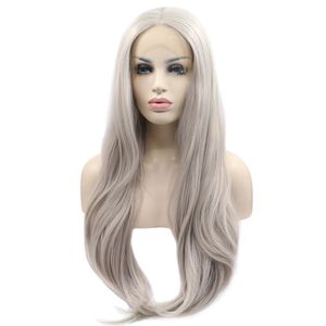 Hotselling peluca larga de color gris 150% pelo resistente al calor de alta densidad hecho a mano fiesta de cosplay peluca delantera de encaje sintético para mujeres