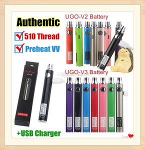 Authentieke UGO-V II 2 510 Draad Vape Pen UGO V3 Variabele Spanning Voorverwarmen EVOD Batterij Kits Met eGo Oplader Micro USB Passthrough ecigs