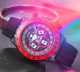 Reloj cronómetro de cuarzo funcional completo de la mejor moda para hombre, 43 mm, caja de color rojo, bisel, zafiro, cristal, caucho, silicona, relojes de pulsera, montre de luxe, regalos