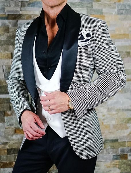 Houndstooth Groom Tuxedos Black Lapel Groomsmen Mens Wedding Dress Haute Qualité Homme Veste Blazer 3 Pièce Costume (Veste + Pantalon + Gilet + Cravate) 1669