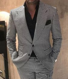 Houndstooth bruidegom Tuxedos Peak Rapel Men Wedding Tuxedo Fashion Men Jacket Blazer Men Prom Dinner/Darty Suit Jacked Pants