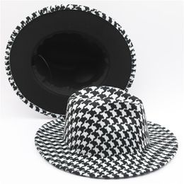 Cappello Fedora con stampa pied de poule con fondo nero Cappello da uomo a tesa larga con tendenza all'aperto Panama Cappello a cilindro jazz da donna per la festa nuziale312Q