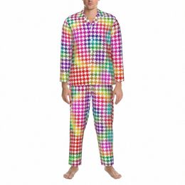 Houndstooth Psicodélico Ropa de dormir Primavera Impresión colorida Vintage Conjunto de pijama de gran tamaño Hombres LG Manga Habitación Gráfica Ropa de dormir b6Ps #