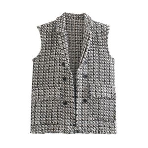 Houndstooth Tweed Vest Vrouwen Casual Kwasten Pullover Vintage Mouwloze Double Breasted revers Vrouwelijke vest Tops 210430