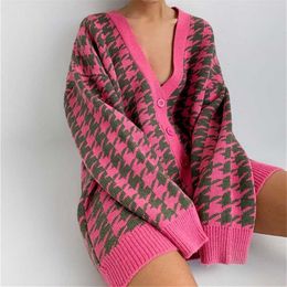 Houndstooth v-hals gebreid vest vrouwen lange mouw vrouwelijke trui jas mode herfst zoete dames oversized vestigans 211018