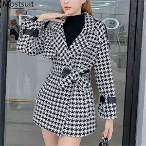 Houndstooth Viintage Woolblend Coat Dames Winter Turn-down Collar Belted Koreaanse Mode Dames Buitenjas Overjas Femme 210513