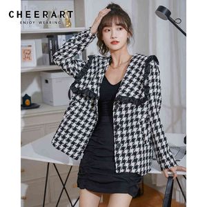 Houndstooth abrigo de lana mujeres moda coreana tweed chaqueta suelta volante grande cuello damas invierno 210427