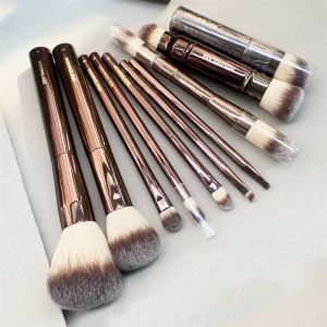 Ensemble de pinceaux de maquillage sablier - 10 pièces poudre fard à joues fard à paupières correcteur de plis eyeLiner Smudger poignée en métal bronze foncé outils cosmétiques LL