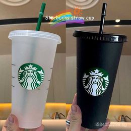 Horas Envío Reutilizable Starbucks Copas Frondas Plástico Negro Transparente Starbucks Vaso Con Paja Copa Negra Oz