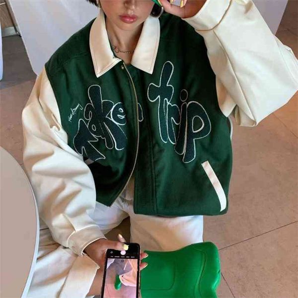 House Wear of Sunny Jacket Femme Cuir PU Cuir Coat Baseball Femme Vêtements d'extérieur Vert Vert Prendre une lettre Applique Applique Bomber 210918